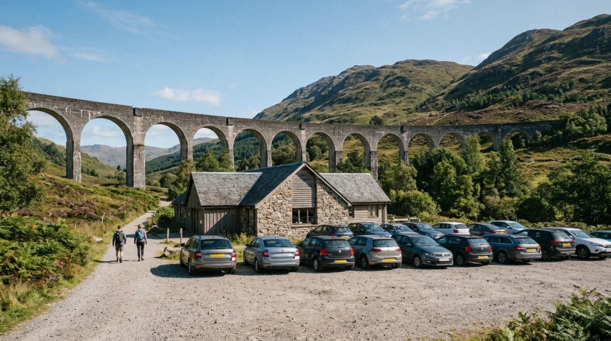 The approach road into the Glenfinnan Viaduct car park and visitor centre in the Scottish Highlands