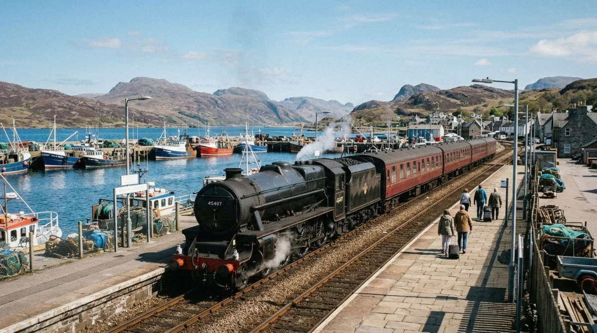The Jacobite steam train at the platform in Mallaig after crossing the Glenfinnan Viaduct on a Jacobite steam train tickets day out