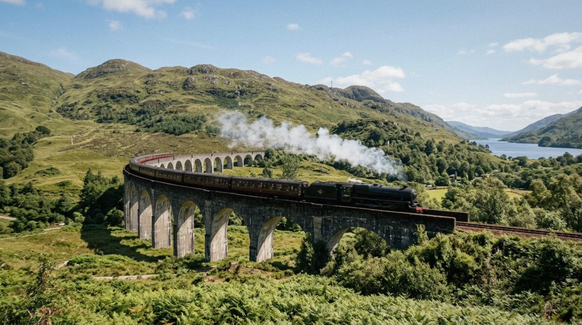 The Jacobite steam train crossing the 21 arches of the Glenfinnan Viaduct on a westbound morning service toward Mallaig