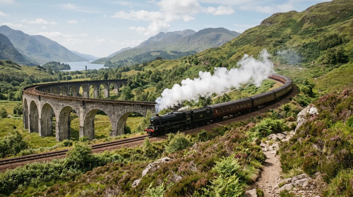 Steam and smoke trailing from the Jacobite steam train as it climbs through the glen toward the Glenfinnan Viaduct