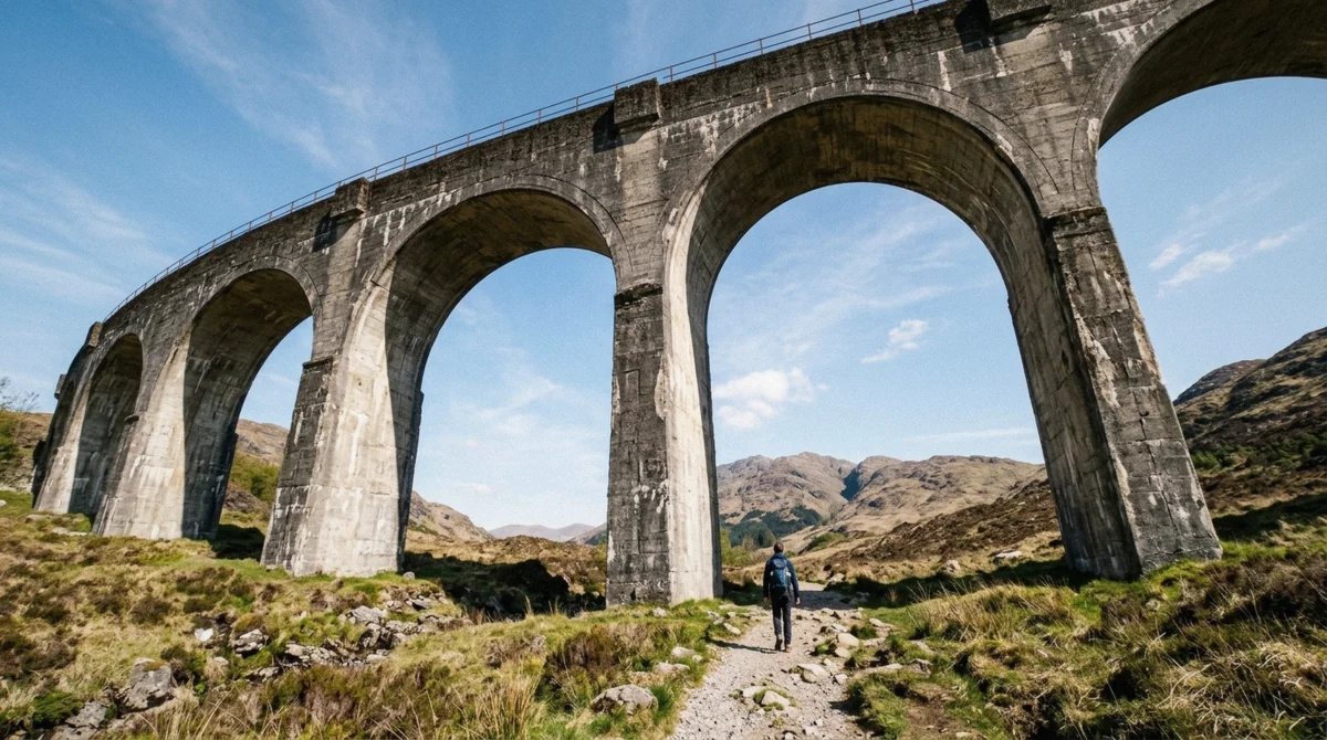 Looking up at the stone arches of the Glenfinnan Viaduct from the riverside path near where Jacobite steam train tickets are used