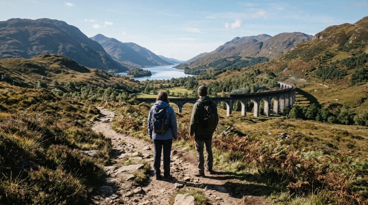 The classic front-on Glenfinnan Viaduct viewpoint from the hillside above the visitor centre, looking along all 21 arches