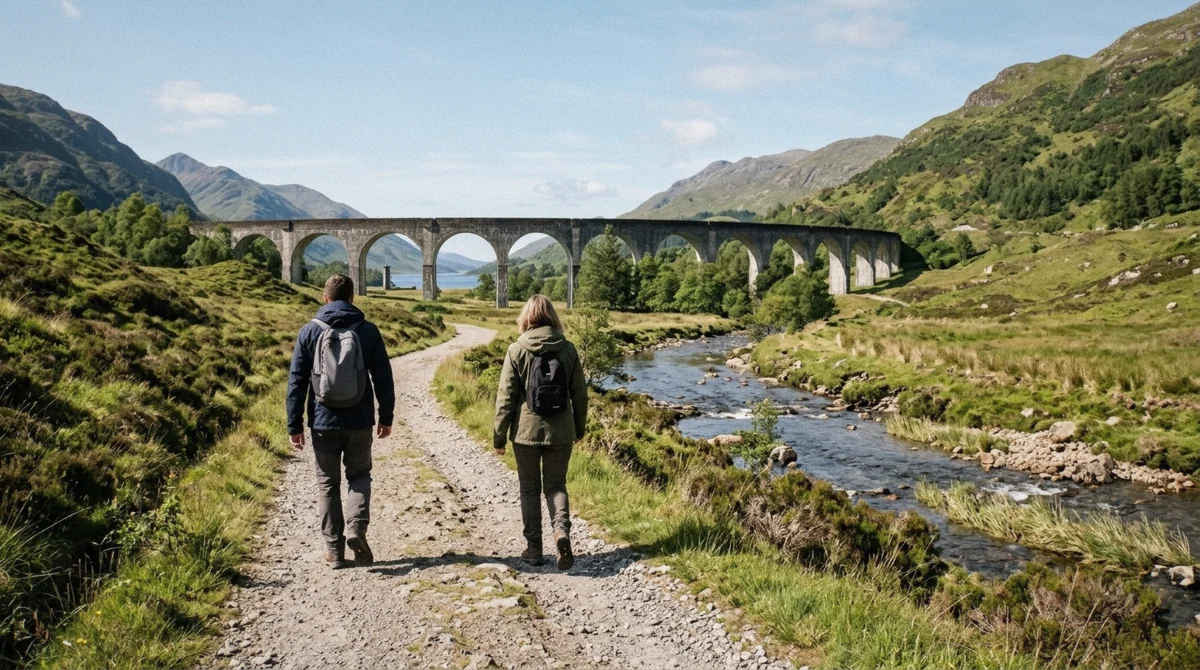 Independent visitors walking the riverside path toward the Glenfinnan Viaduct without a tour, Scottish Highlands